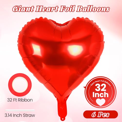 Image of 6 Pcs 32 Inch Red Heart Balloons, Giant Heart Shape Foil Balloons Love Balloon Valentine Balloon for Birthday Party Wedding Engagement Party Baby Shower Valentine Day Decorations