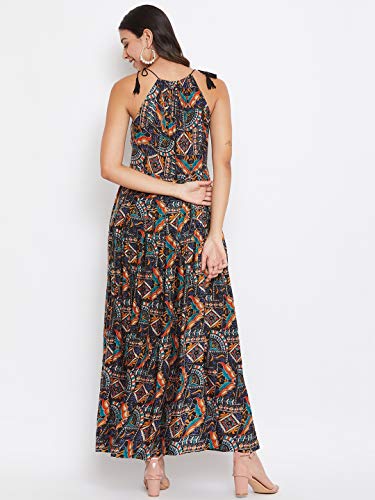 Image of HELLO DESIGN Women Navy Printed Shoulder Straps A-line Maxi Dress