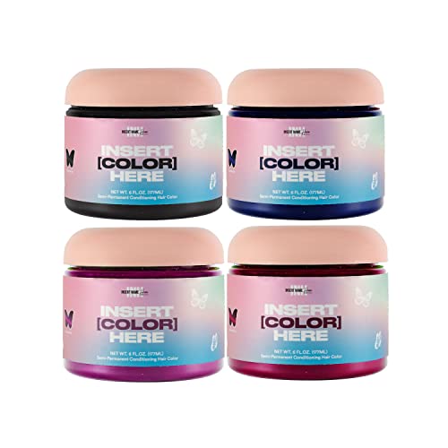 INH Semi Permanent Hair Color - Black Onyx, Blue Black Lava, Violet Garnet, & Fuchsia Crystal | Color Depositing Conditioner, Temporary Hair Dye, Safe | 6 oz each