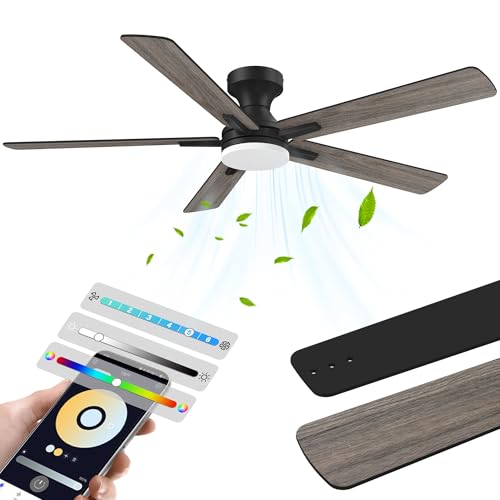 52 Inch Ceiling Fans with lights,RGB Low Profile Ceiling Fan with Light and Remote Control,APP,Black Flush Mount Ceiling Fans for Small Bedroom,Patio,Porch,Outdoor Indoor Use,5 Blades,Dimmable,Quiet