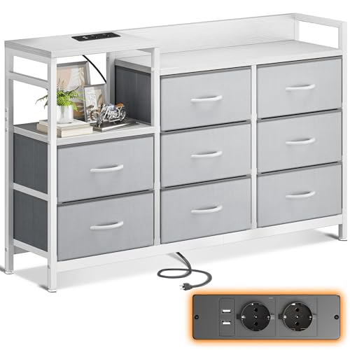 ODK Comoda Dormitorio, 2 Puertos USB y 2 AC, Cajonera Multifuncional para Dormitorio y Salón - Aparador Estable y Duradero, 132 x 30 x 88 cm, Blanco