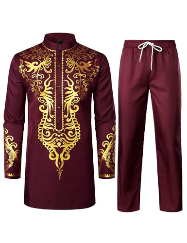 ZEROYAA Men's Africa Suit Long Sleeve Print Dashiki and Pants Outfit Traditional 2 Piece Set Burgundy Flames Small