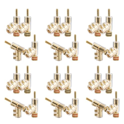 Fiches bananes coudés 45° de haute précision en finition or pour câblage hi-fi haut de gamme