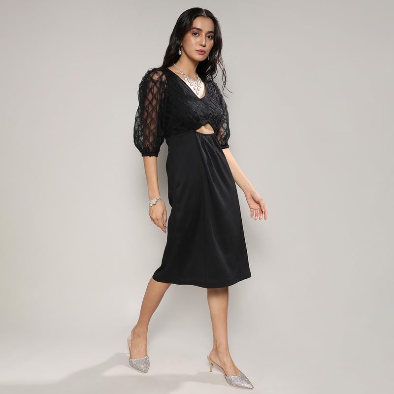 Image of PINACOLADA Women's Cut-Out Dress with Sheer Detail for Casual Wear | V Neck | Long Sleeve | Zipper Closure | Co-Ord Set Crafted with Comfort Fit for Everyday Wear