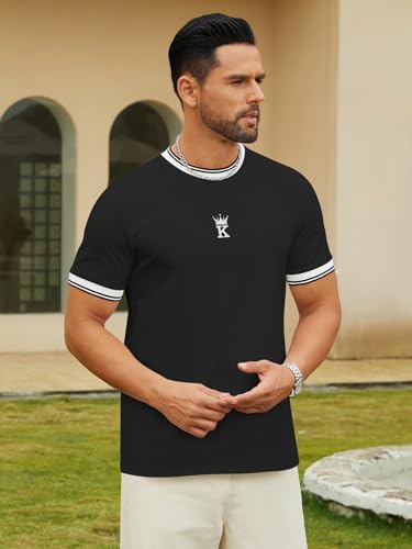 Hardaddy Men's Casual Letter Graphic Print Striped Trim Tee Tops Summer Short Sleeve Round Neck T-Shirt3