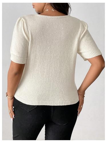 SweatyRocks Women's Plus Size Puff Short Sleeve Bow Decor Lightweight Sweaters Summer Knit Top2