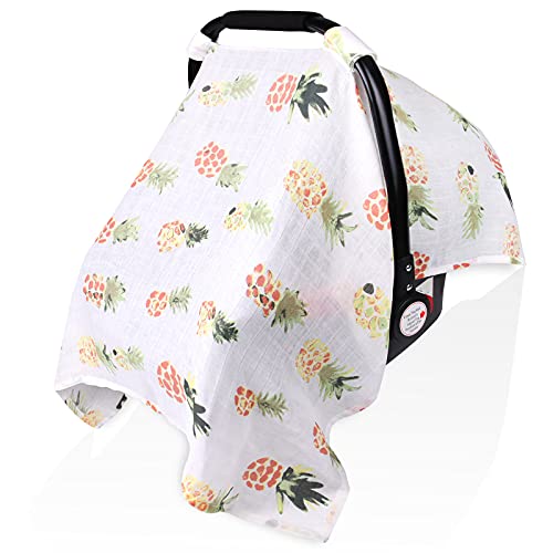 Image of Muslin Baby Car Seat Canopy, Metplus Infant Carseat Cover for Boys Girls, Newborn Carrier Stroller Covers, Lightweight Breathable Fit Summer Spring Autumn, Large Size 47.2 x 35.4 inch, Pineapple