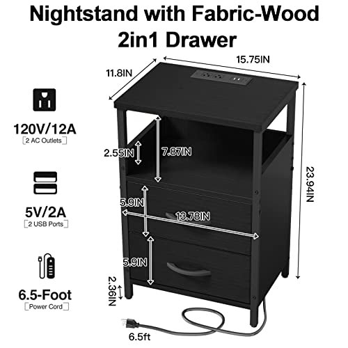 Khljju End Table With Charging Station, Nightstand With Fabric Drawer, Small Side Table For Small Spaces, Black Bedside Tables With Usb Ports And Outlets For Living Room, Bedroom, Office #TOP6