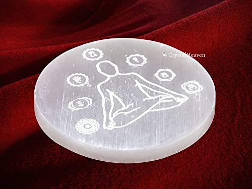Image of Certified Selenite Crystal Charging Plate, 4 Inch Engraved Chakra Buddha Selenite Plate for Crystal Cleansing Re-Energy Work, Meditation and Pooja (4 Inch, Chakra Buddha)