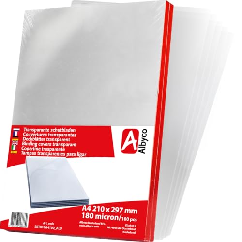 Albyco Couvertures Transparents brillants, épaisseur 0,18 mm/180 micron, format A4, 210x297mm, Couverture en PVC, Couverture de reliure, Plats en PVC, Plats de...
