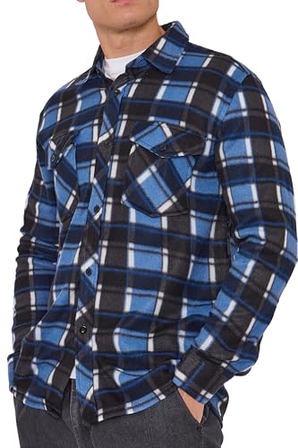 Men’s Checked Fleece Shirt – Soft Warm Plaid Pattern Button-Up with Chest Pockets, Winter Casual Top Authentics Long Sleeve Flannel Style Jacket Thicken Sherpa Lined (Blue/Black Large)