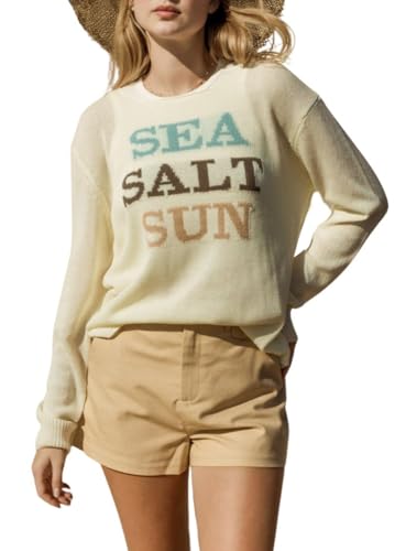 Gilli Women's Sea Salt Sun Round Neck Lightweight Graphic Sweater (White, Large)