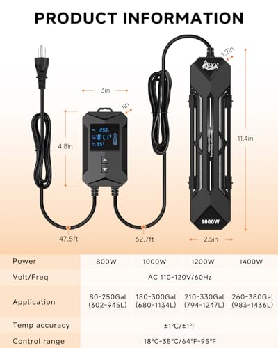 Image of AQQA Aquarium Heater 800W /1000W /1200W /1400W Fish Tank Heater