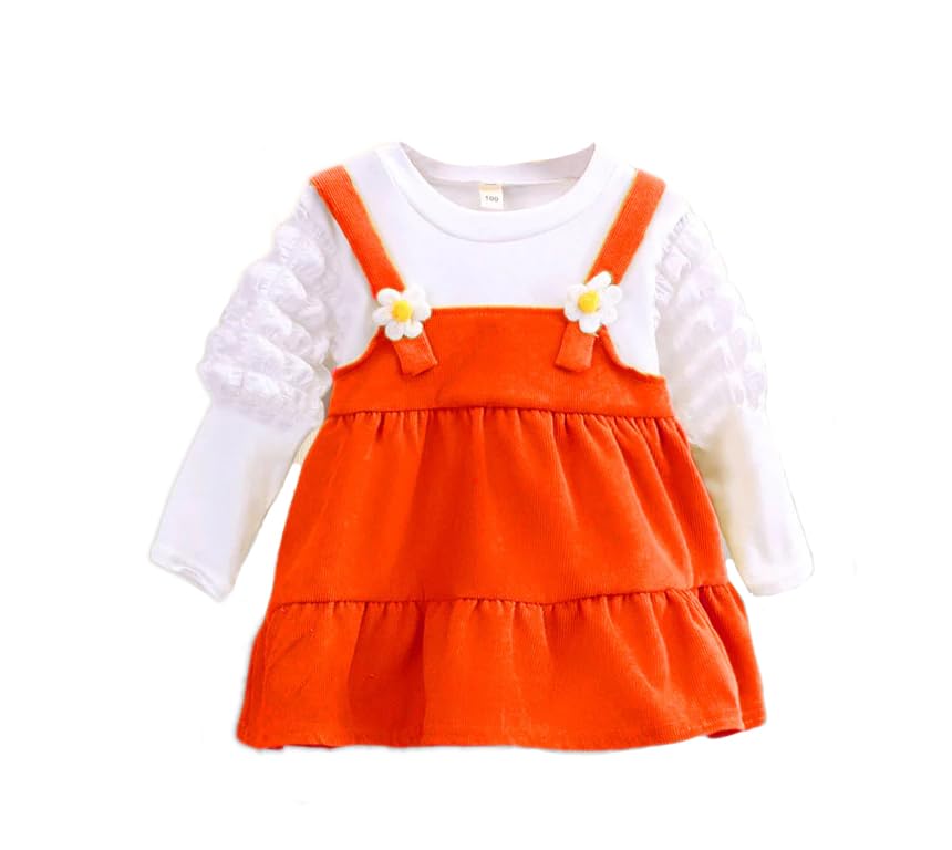 Image of Bold N Elegant Full Sleeve Print Cotton Corduroy Ruffle Pleated Party Pinafore Pinny Frock Dress for Girls