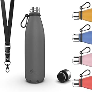Daikoku Roestvrijstalen Fles + Verstelbare Riem + Karabijnhaak, BPA-vrije dubbelwandige Thermosfles, Herbruikbare Waterfles, Luchtdichte Dop, Kleur Grijs, Inhoud 500 ML