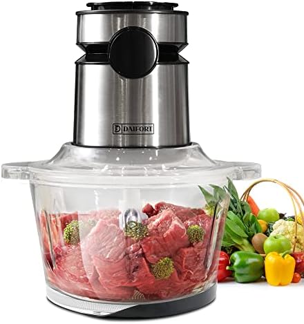 Daifort Electric mini Food Processors 1.2 L,2 speeds powerful 350W silent motor with Glass container, 4 Bi-Level SS Blades, Food chopper Slicer Dicer for Veggies Onions Garlic Nuts Salads, Food grade