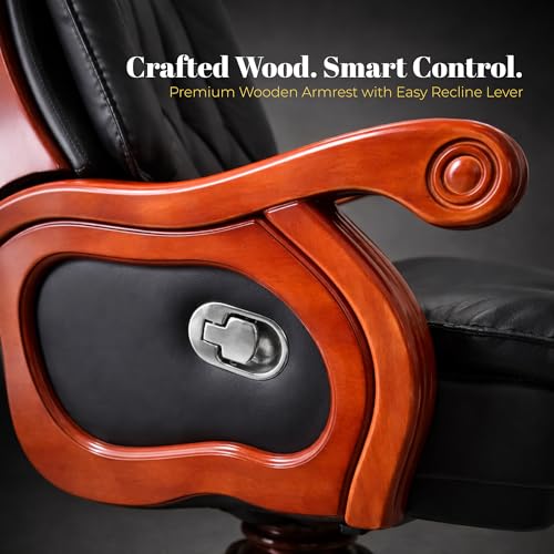 Image of Lakdi The Furniture High-Back Pure Leather Office Chair with Recliner, Swivel, Adjustable Height, Armrests, and Lumbar Support for Boss /Director & Executive - 111011282 BLK PL