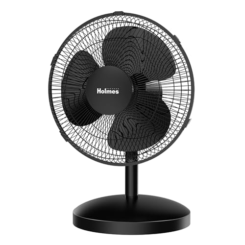 Holmes 12 Inch Oscillating Table Fan 3 Speeds 75 Degree Wide Angle Oscillation Adjustable 15 Degree Tilt Quiet Operation Home Office Bedroom Kitchen Black