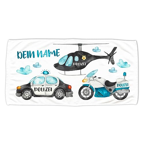 GRAZDesign Polizei Kinder Handtuch mit Namen Badetuch für Jungen und Babys von 2-10 Jahren Strand / 140x70cm Polizei-Auto