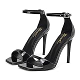 GENSHUO High Heeled Sandals for Women One Strap Heels with Square Open Toe 4 inch Stiletto Ankle Strap Shoes Elegant Sexy Dress Wedding Party Black Patent Size 9