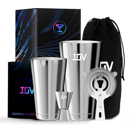 IOV Boston Cocktail Shaker Bar Set, Bartender Kit Drink Mixer Set with 18 oz & 28 oz Boston Shakers, Hawthorne Strainer, Double Jigger, Bar Tool Kit and Recipe Booklet - Silver by IOV - Used condition - US$14.10