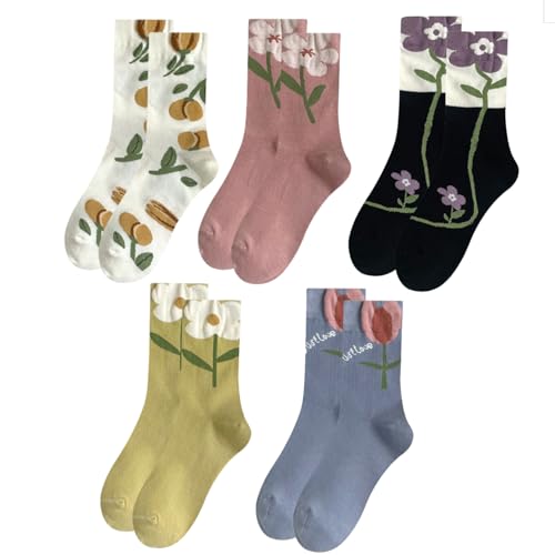 Frdelma Bunte Socken Damen, 5 paia di 39-42 Bestickte Crew-Socken mit Tulpenblumen per lo sport e la vita quotidiana