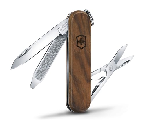Victorinox Schweizer Taschenmesser, Klein, Classic SD Wood, Multitool, Swiss Army Knife, 5 Funktionen, Klinge, Nagelfeile