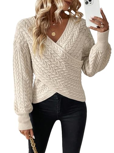 WDIRARA Women's Textured Crossover V Neck Sweater Long Sleeve Drop Shoulder Casual Pullover Tops