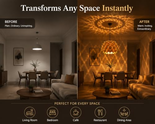 Image of MoonlitDreams Wooden Pendant Lamp for Ceiling | Handcrafted Hanging Chandelier Light | Rustic Wooden Ceiling Light for Living Room, Dining Area, Cafe & Home Decor