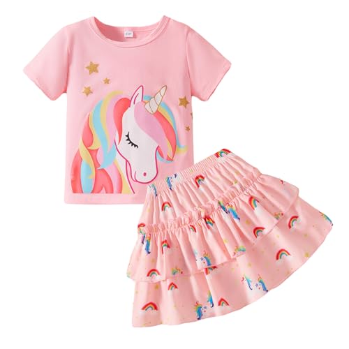 Image of Little Girls Skirt Set - 2 Piece Short Sleeve Top Shirred Tiered Skirt Outfit Girls Spring Summer Clothes 3-8 Years