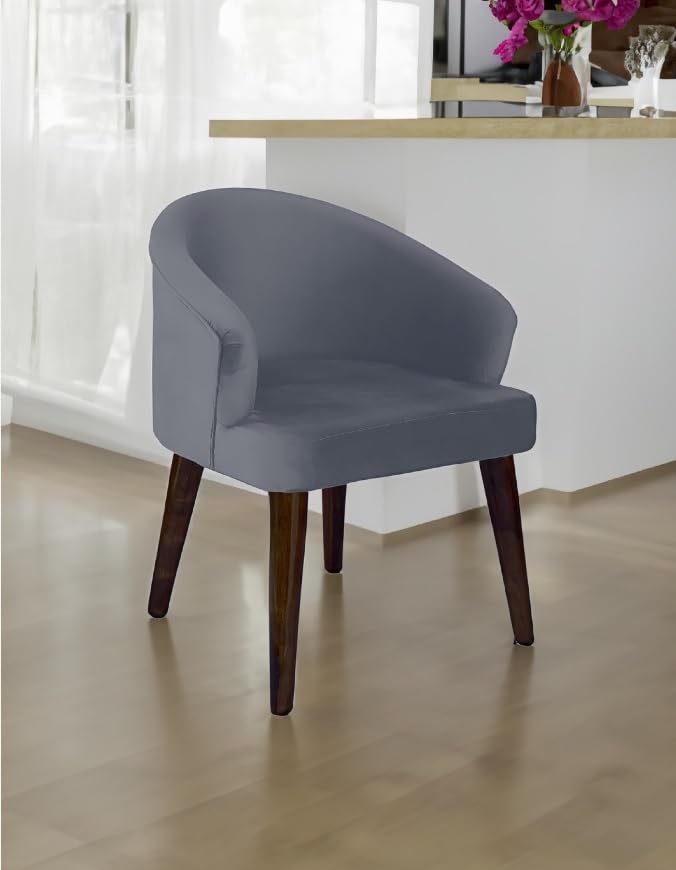 Image of DaneWood Wooden Upholstered Dining Chair | Single Accent Chair for Living /Drawing Room, Bedroom & Office | Upholstery Barrel Arm Chair with Velvet Fabric | Sheesham Wood Legs, Grey