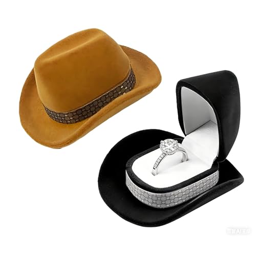 PXYCXJH New 2pcs Unique Cowboy Hat Jewelry Box, Fashionable Velvet Ring Box, Western Cowboy Hat Ring Earring Holder Display Box For Wedding Ceremony, Engagement (Brown and Black)