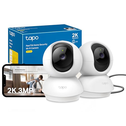 Tapo Wifi Indoor Camera, 2K 3MP Full HD Baby Camera, 360° Security Wireless Pet Camera, Night Vision, Work with Alexa & Google Home, 2 Pack C210P2 (Package may vary)