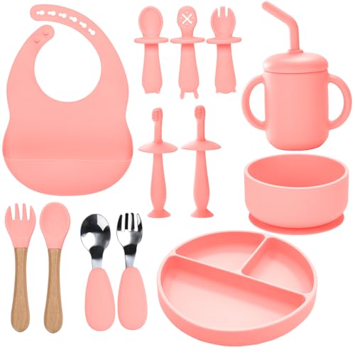Image of Silicone Baby Feeding Set - 13PCS Essentials With Suction Bowl, Plate, Spoons, Forks, Bib, Cup, Toothbrush - Led Weaning Supplies for 6+ Months Eating (Pink)
