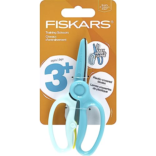 Fiskars Training Scissors for Preschoolers Ages 3+, Small Kids Safety Scissors with Training Lever, Easy to Use, Preschooler Art Supplies, Back To School, Turquoise