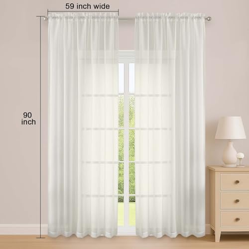Image of OWENIE Ivory Sheer Curtain 90 Inches Long 2 Panels Set, Solid Filmy Drapes for Living Room Bedroom, Elegant Window Voile Sheer Curtain Panels Drapes, 2 Pcs, Each 59W x 90L Inch