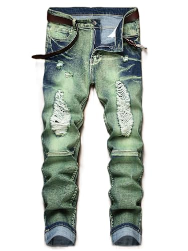 NOVOCCT Men’s Skinny Stretch Jeans, Slim Fit Distressed Ripped Pants Fashion Skinny Jeans for Men (Green 629, 30)