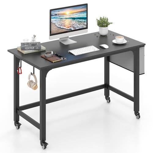 GIANTEX Scrivania per computer con 4 ruote universali, tasca laterale e 2 ganci, 120 x 60 x 75 cm, tavolo PC per casa e ufficio, carico massimo: 100 kg (nero)