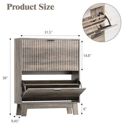 Image of HUANLEGO Shoe Cabinet Storage for Entryway with 2 Flip Drawers, Fluted Narrow Shoe Organizer with Wooden Legs, Freestanding Slim Shoe Storage Hidden Shoe Rack Organizer for Front Door Entrance, Grey