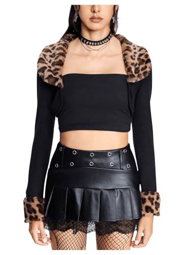WDIRARA Women's Leopard Pattern Fuzzy Collar Long Sleeve Crop Coat Open Front Shrug Outerwear Black Large