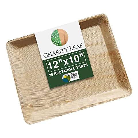 Charity Leaf Disposable Palm Leaf 12" x 10" Trays (25 pieces) Bamboo Like Serving Platters, Disposable Boards, Eco-Friendly Dinnerware For Weddings, Catering, Events Cover