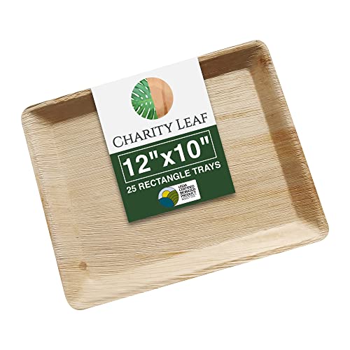 Charity Leaf Disposable Palm Leaf 12\" x 10\" Trays (25 pieces) Bamboo Like Serving Platters, Disposable Boards, Eco-Friendly Dinnerware For Weddings, Catering, Events