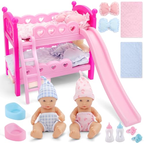 deAO Cama de Muñecas con Accesorios de Muñecas Bebé, Incluye Muñecas Cama, 2* Muñecas Bebé, Manta y Almohada, Botella de Muñeca, Juego de Muñecas Bebé Juguete de Juego de rol de Muñecas Bebé