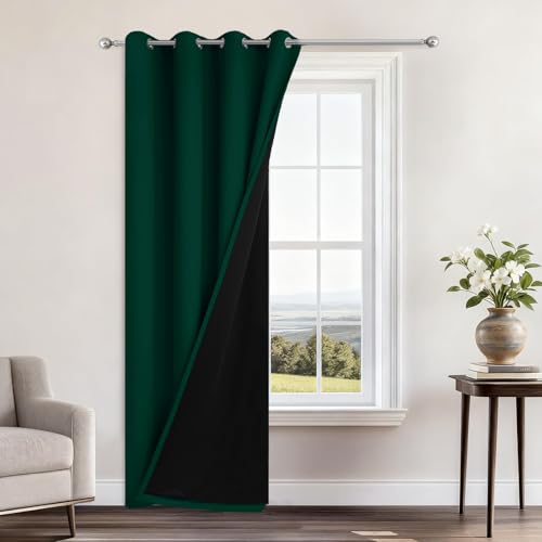 Image of Yakamok Dark Green Blackout Curtains 84 inch Long for Bedroom 52 inch Wide 1 Panel | Blackout Curtain Panels for Bedroom, 2 Thick Layers Grommet Top Thermal Insulated Drapes with Black Liner for Living Room