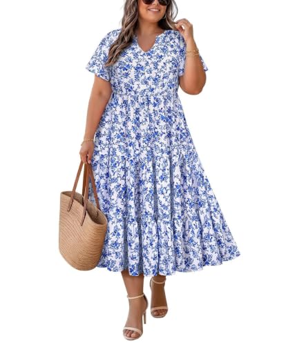Image of TIYOMI Women Plus Size Dress Boho V Neck Short Sleeve Beach Maxi Dresses Floral /Stripe /Leaves /Lemon XL-5XL