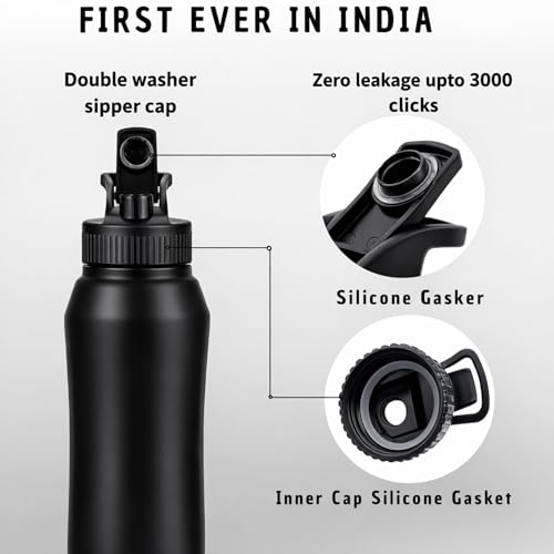 Image of Speedex Stainless Steel Water Bottle 1 Ltr, Leak Proof Sipper Cap, BIS Approved 1000 ml Metal Bottle For Daily, Office, School, Gym, Travel Use for Men, Women, Kids, Adults, Black, Set of 4