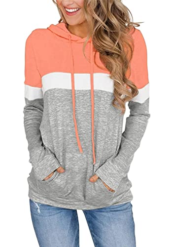 Soisuel Hoodies for Women Casual Hooded Sweatshirt Loose Fit Tunic Top Orange Pink L
