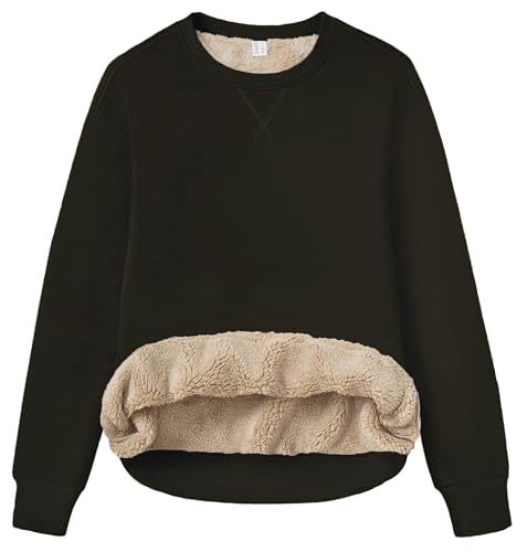TACVASEN Damen Pullover Langarmshirt Sweatshirt Fleece Futter Langarm Baumwolle Rundhalsausschnitt Ohne Kapuze Warm Für Herbst Winter(Schwarz, XXL)