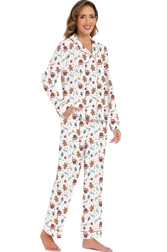 Image of LUBOT Christmas Pajamas for Women 100% Cotton Pajama 2 Piece PJ Set Soft Long Sleeve Button Xmas Print Loungewear XS-XXL