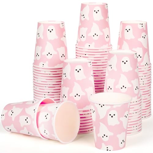 100Pcs Halloween Ghosts Paper Cups Summerween Pink Cute Ghost Par...